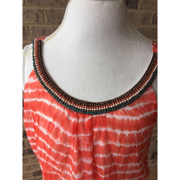 Three Pink Heart Orange White Tie Dye Summer Dress Beaded Neckline Size L MSRP58 - Picture 5 of 7